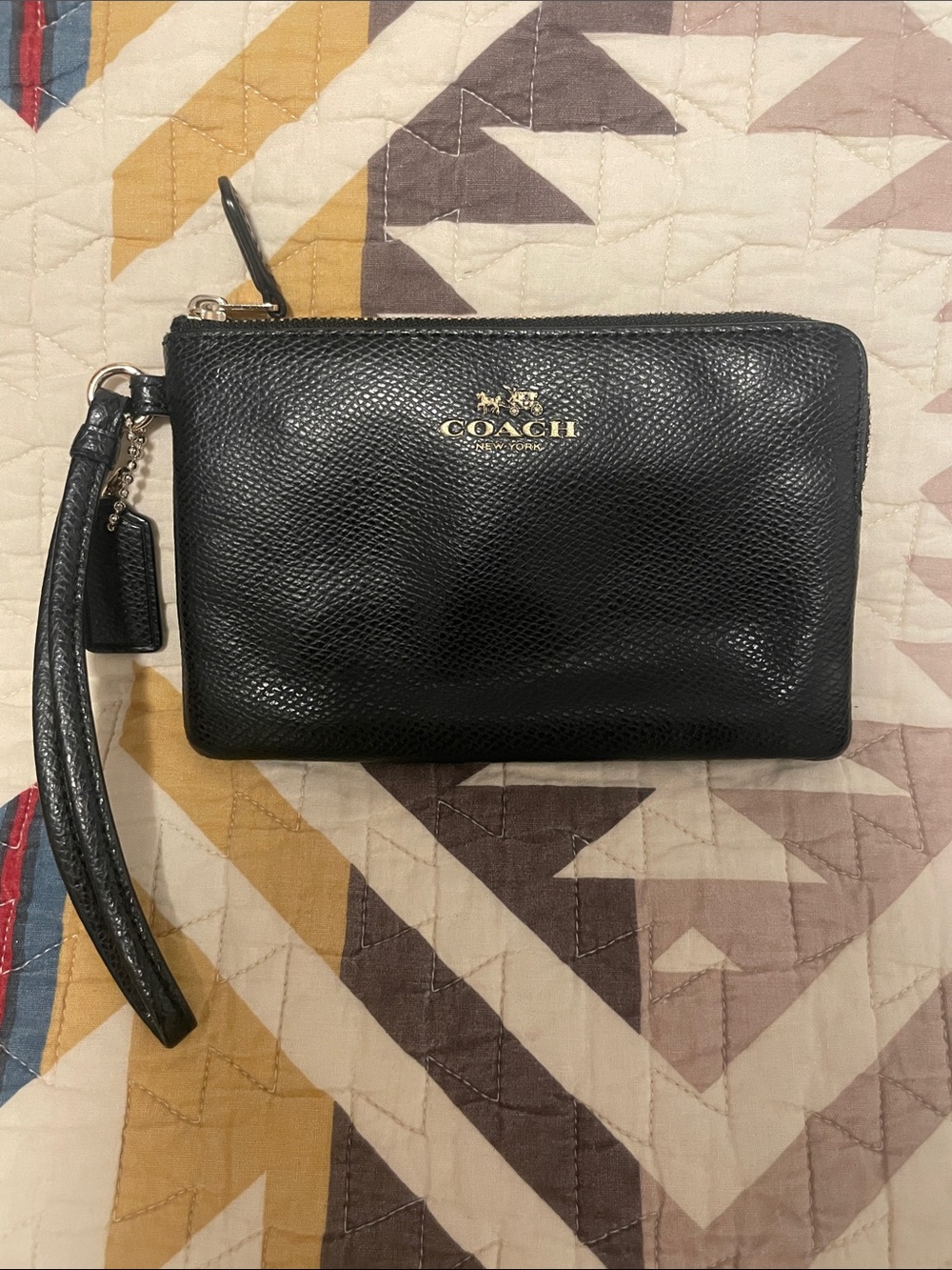 Coach Black Leather Zip Wristlet with Gold Logo